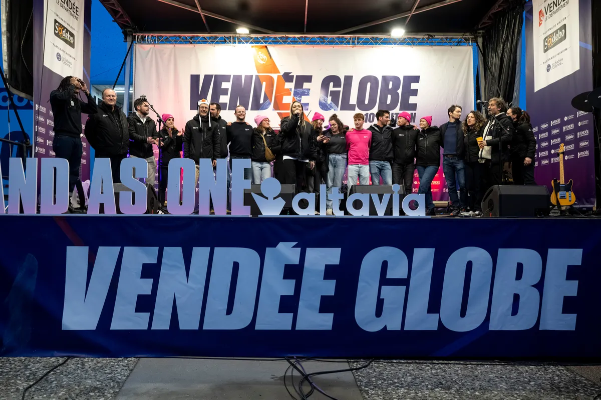 LES SABLES D’OLONNE, FRANCE - FEBRUARY 12, 2025 : Music band "Skip The Use" is performing during arrival of STAND AS ONE - Altavia skipper Eric Bellion (FRA) after finishing the Vendee Globe off-race, on February 12, 2025 in Les Sables d'Olonne, France - (Photo by Olivier Blanchet / Alea)
