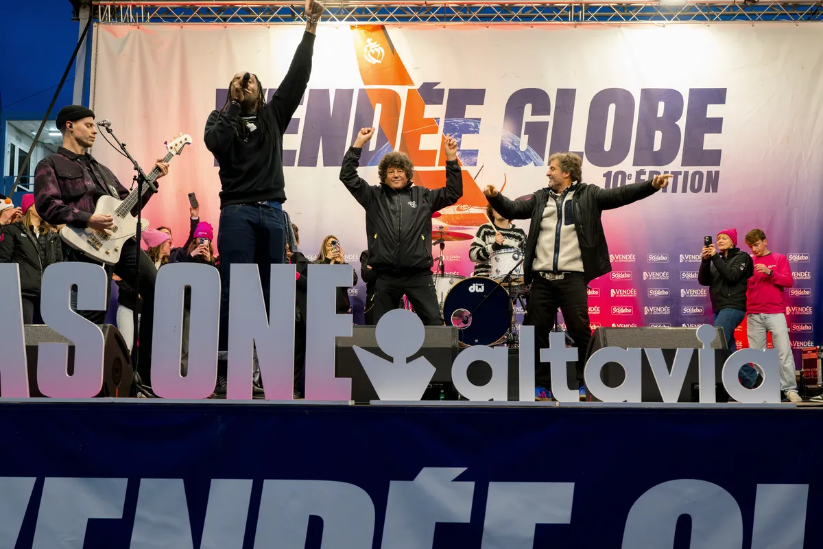 LES SABLES D’OLONNE, FRANCE - FEBRUARY 12, 2025 : Music band "Skip The Use" is performing with skippers Jean Le Cam and Eric Bellion during arrival of STAND AS ONE - Altavia skipper Eric Bellion (FRA) after finishing the Vendee Globe off-race, on February 12, 2025 in Les Sables d'Olonne, France - (Photo by Olivier Blanchet / Alea)