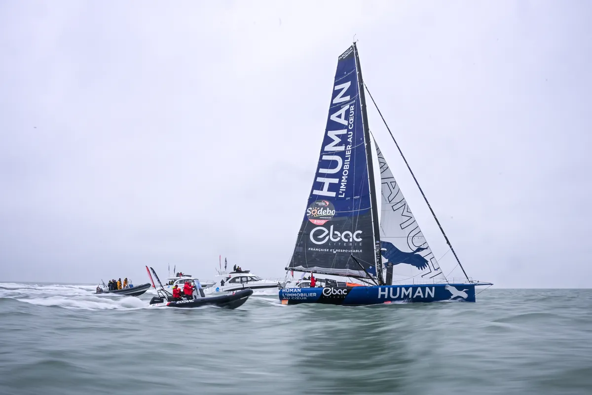 LES SABLES D'OLONNE, FRANCE - 14 FEVRIER 2025 : Le skipper de HUMAN Immobilier Antoine Cornic (FRA) est photographié à la 28ème place du Vendée Globe, le 14 février 2025 aux Sables d'Olonne, France - (Photo by Vincent Curutchet / Alea)