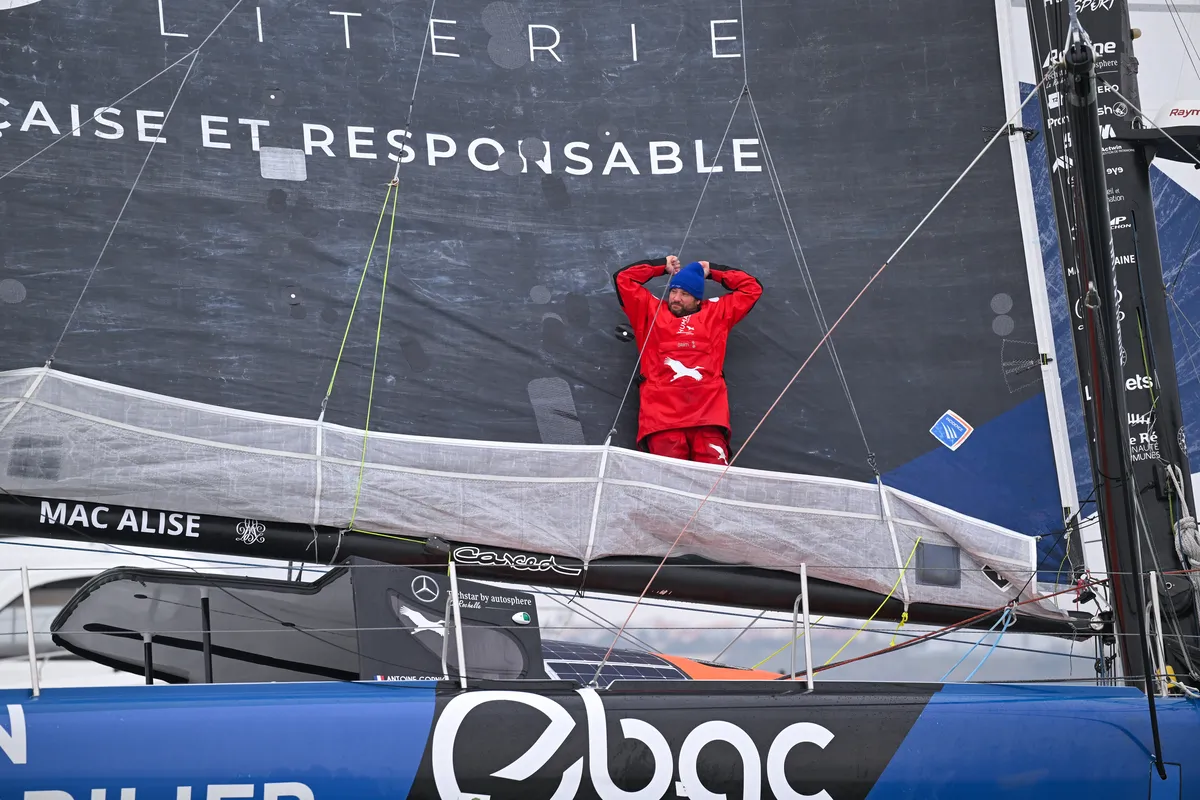 LES SABLES D'OLONNE, FRANCE - 14 FEVRIER 2025 : Le skipper de HUMAN Immobilier Antoine Cornic (FRA) fête sa 28ème place dans le Vendée Globe, le 14 février 2025 aux Sables d'Olonne, France - (Photo by Vincent Curutchet / Alea)