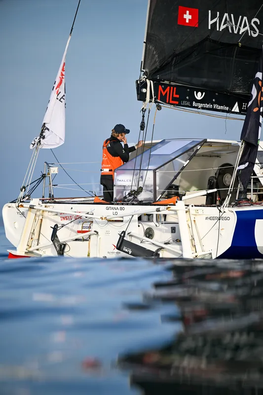 LES SABLES D’OLONNE, FRANCE - FEBRUARY 17, 2025 : Tut Gut. Sailing skipper Oliver Heer (SUI) is photographed taking 29th place in the Vendee Globe under a very calm weather, on February 17, 2025 in Les Sables d'Olonne, France - (Photo by Jean-Louis Carli / Alea)
