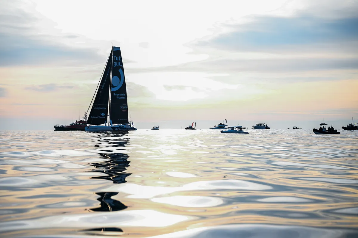 LES SABLES D’OLONNE, FRANCE - FEBRUARY 17, 2025 : Tut Gut. Sailing skipper Oliver Heer (SUI) is photographed taking 29th place in the Vendee Globe under a very calm weather, on February 17, 2025 in Les Sables d'Olonne, France - (Photo by Vincent Curutchet / Alea)