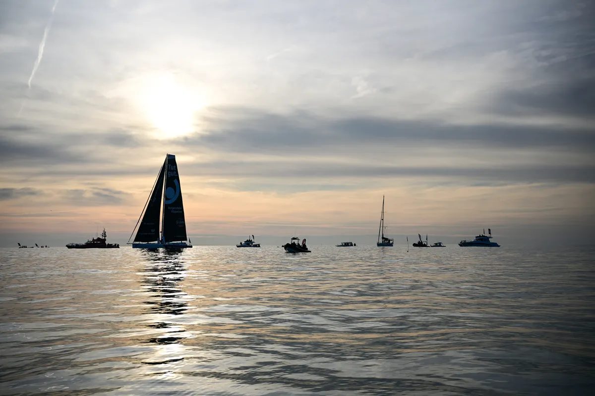LES SABLES D’OLONNE, FRANCE - FEBRUARY 17, 2025 : Tut Gut. Sailing skipper Oliver Heer (SUI) is photographed taking 29th place in the Vendee Globe under a very calm weather, on February 17, 2025 in Les Sables d'Olonne, France - (Photo by Vincent Curutchet / Alea)