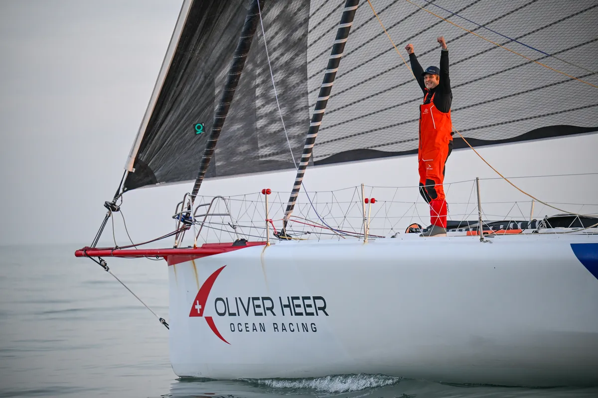 LES SABLES D’OLONNE, FRANCE - FEBRUARY 17, 2025 : Tut Gut. Sailing skipper Oliver Heer (SUI) is celebrating taking 29th place in the Vendee Globe under a very calm weather, on February 17, 2025 in Les Sables d'Olonne, France - (Photo by Jean-Louis Carli / Alea)