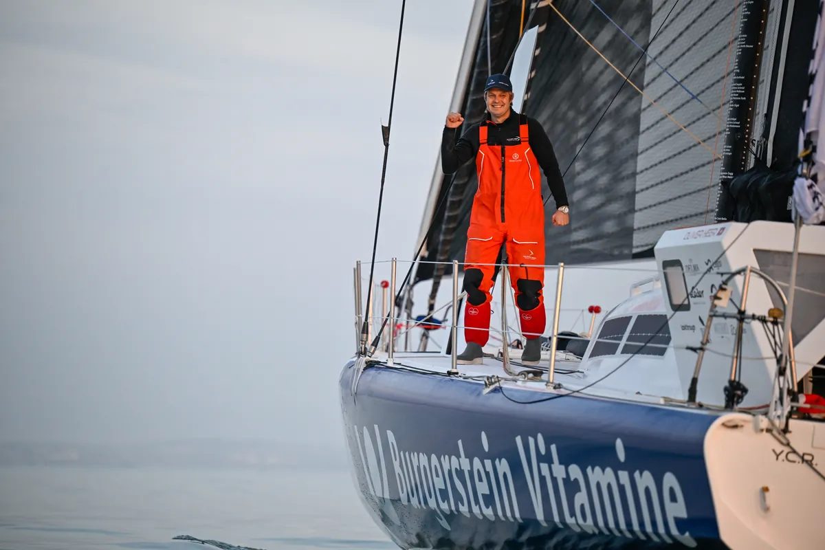 LES SABLES D’OLONNE, FRANCE - FEBRUARY 17, 2025 : Tut Gut. Sailing skipper Oliver Heer (SUI) is celebrating taking 29th place in the Vendee Globe under a very calm weather, on February 17, 2025 in Les Sables d'Olonne, France - (Photo by Jean-Louis Carli / Alea)