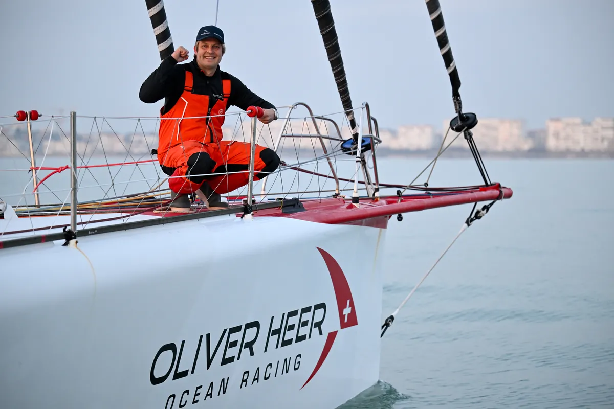 LES SABLES D’OLONNE, FRANCE - FEBRUARY 17, 2025 : Tut Gut. Sailing skipper Oliver Heer (SUI) is celebrating taking 29th place in the Vendee Globe under a very calm weather, on February 17, 2025 in Les Sables d'Olonne, France - (Photo by Jean-Louis Carli / Alea)