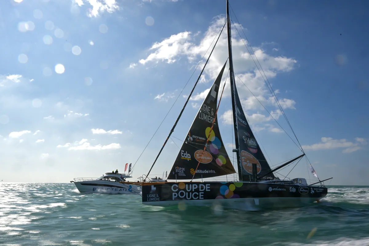 LES SABLES D’OLONNE, FRANCE - MARCH 01, 2025 : Coup de Pouce skipper Manuel Cousin (FRA) is photographed after taking 31st place in the Vendee Globe, on March 01, 2025 in Les Sables d'Olonne, France - (Photo by Olivier Blanchet / Alea)