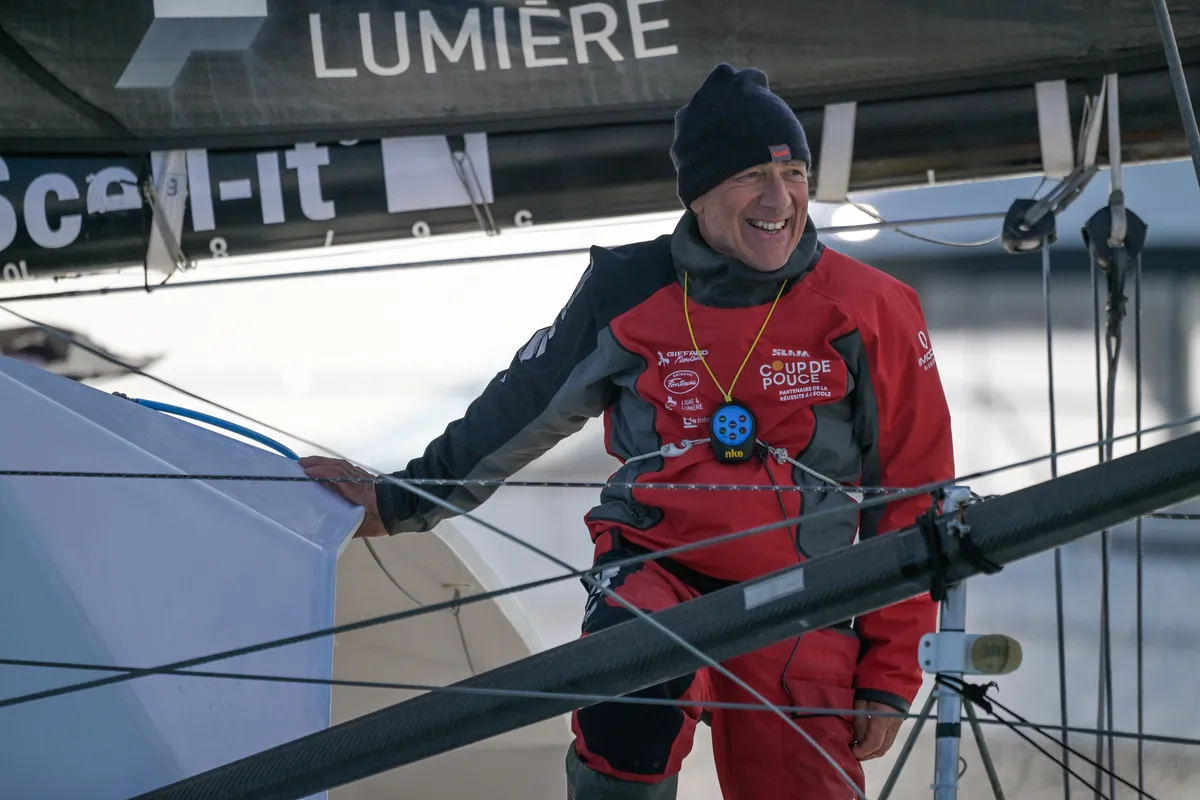 LES SABLES D’OLONNE, FRANCE - MARCH 01, 2025 : Coup de Pouce skipper Manuel Cousin (FRA) is photographed taking 31st place in the Vendee Globe, on March 01, 2025 in Les Sables d'Olonne, France - (Photo by Olivier Blanchet / Alea)