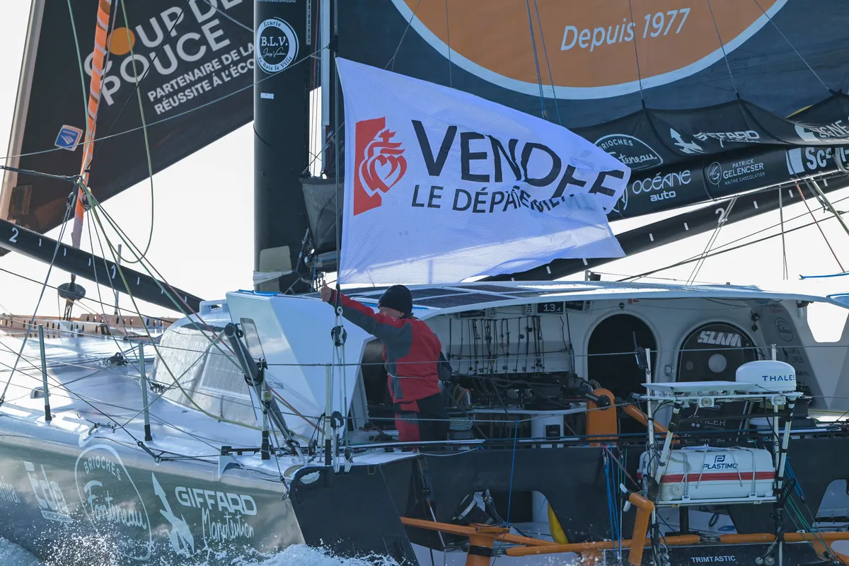 LES SABLES D’OLONNE, FRANCE - MARCH 01, 2025 : Coup de Pouce skipper Manuel Cousin (FRA) is photographed taking 31st place in the Vendee Globe, on March 01, 2025 in Les Sables d'Olonne, France - (Photo by Olivier Blanchet / Alea)