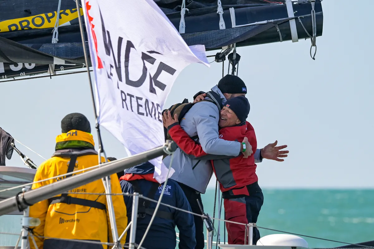 LES SABLES D’OLONNE, FRANCE - MARCH 01, 2025 : Coup de Pouce skipper Manuel Cousin (FRA) is photographed taking 31st place in the Vendee Globe, on March 01, 2025 in Les Sables d'Olonne, France - (Photo by Olivier Blanchet / Alea)