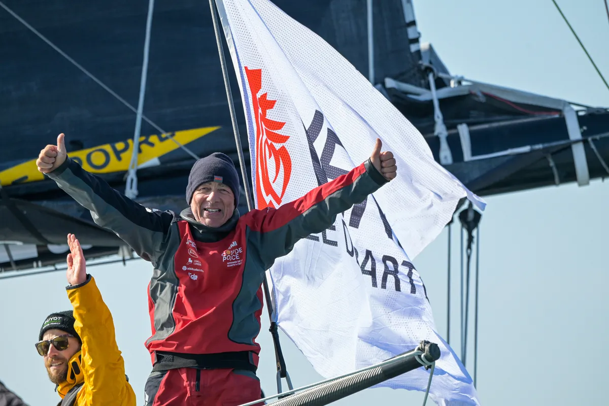 LES SABLES D’OLONNE, FRANCE - MARCH 01, 2025 : Coup de Pouce skipper Manuel Cousin (FRA) is celebrating taking 31st place in the Vendee Globe, on March 01, 2025 in Les Sables d'Olonne, France - (Photo by Olivier Blanchet / Alea)