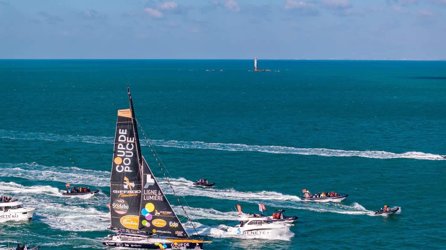 LES SABLES D’OLONNE, FRANCE - MARCH 01, 2025 : Coup de Pouce skipper Manuel Cousin (FRA) is photographed taking 31st place in the Vendee Globe, on March 01, 2025 in Les Sables d'Olonne, France - (Photo by Fred Olivier / Nefsea / Alea)