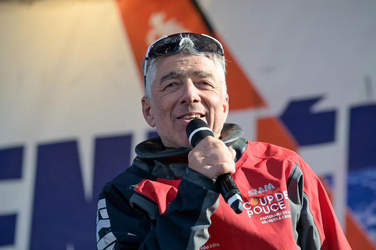 LES SABLES D’OLONNE, FRANCE - MARCH 01, 2025 : Coup de Pouce skipper Manuel Cousin (FRA) is photographed on stage after taking 31st place in the Vendee Globe, on March 01, 2025 in Les Sables d'Olonne, France - (Photo by Olivier Blanchet / Alea)