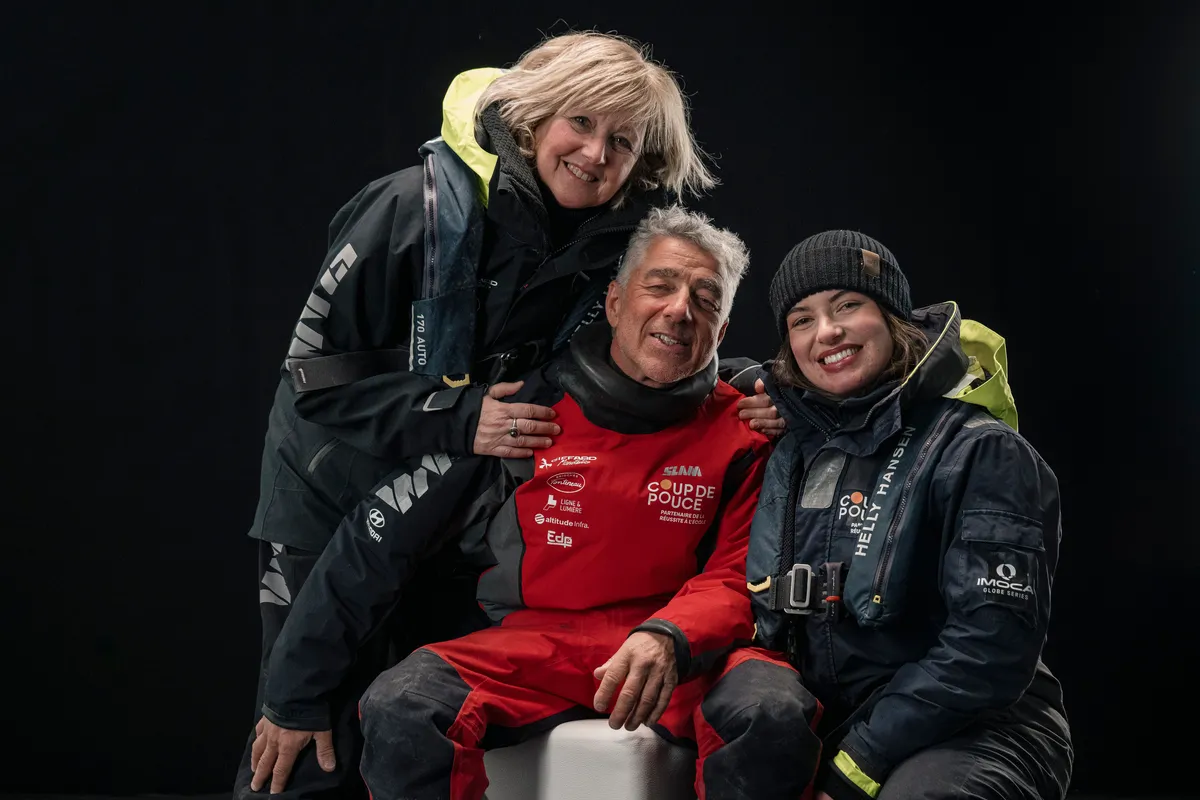 LES SABLES D'OLONNE, FRANCE - MARCH 01, 2025 : Coup de Pouce skipper Manuel Cousin (FRA) is photographed in studio with his wife Sandrine and daughter after taking 31st place in the Vendee Globe, on March 01, 2025 in Les Sables d'Olonne, France - (Photo by Olivier Blanchet / Alea)