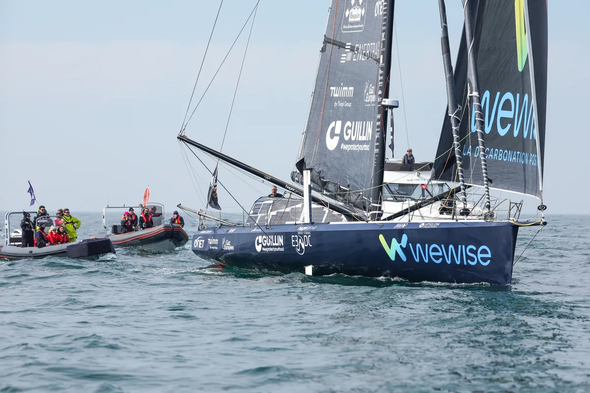 LES SABLES D’OLONNE, FRANCE - MARCH 04, 2025 : Nexans - Wewise skipper Fabrice Amedeo (FRA) is photographed taking 32nd place in the Vendee Globe, on March 04, 2025 in Les Sables d'Olonne, France - (Photo by Jean-Marie Liot / Alea)
