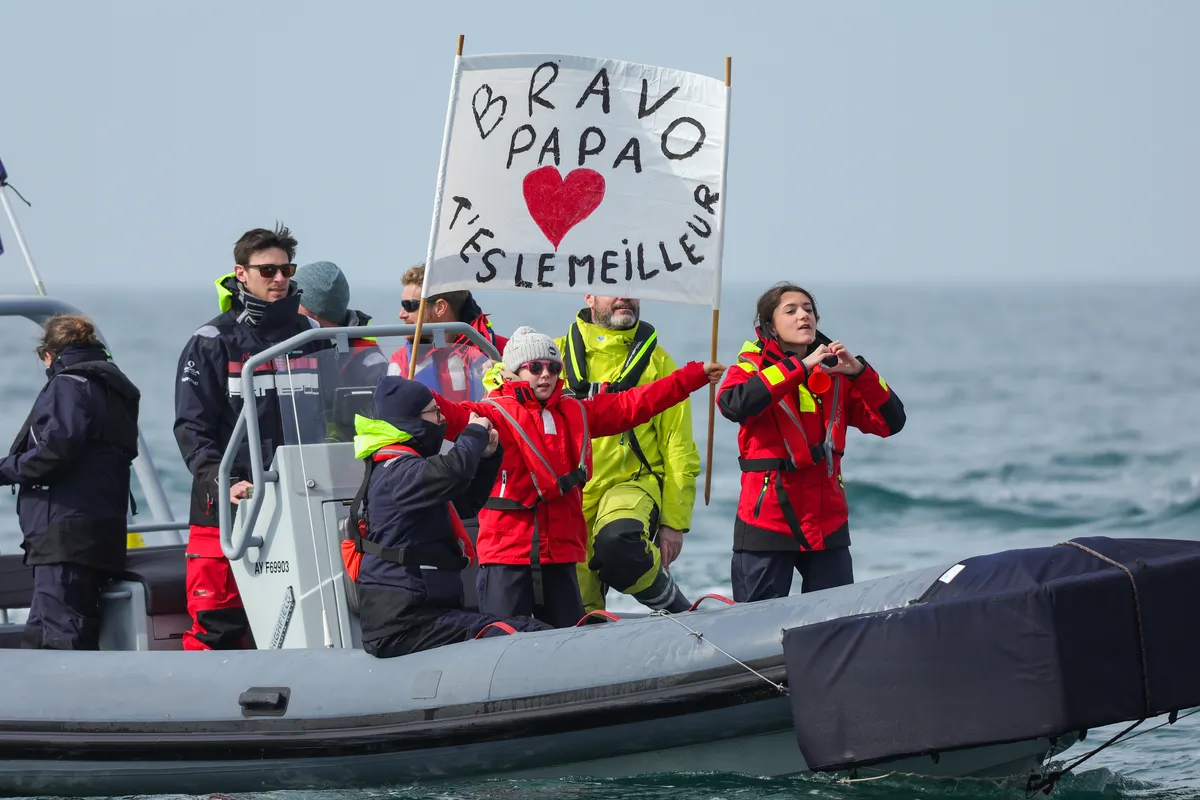 LES SABLES D’OLONNE, FRANCE - MARCH 04, 2025 : Nexans - Wewise skipper Fabrice Amedeo (FRA) is congratulated by friends and partners after taking 32nd place in the Vendee Globe, on March 04, 2025 in Les Sables d'Olonne, France - (Photo by Jean-Marie Liot / Alea)