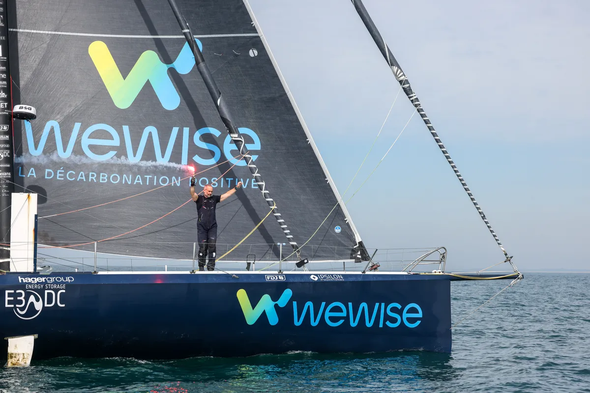 LES SABLES D’OLONNE, FRANCE - MARCH 04, 2025 : Nexans - Wewise skipper Fabrice Amedeo (FRA) is celebrating taking 32nd place in the Vendee Globe, on March 04, 2025 in Les Sables d'Olonne, France - (Photo by Jean-Marie Liot / Alea)