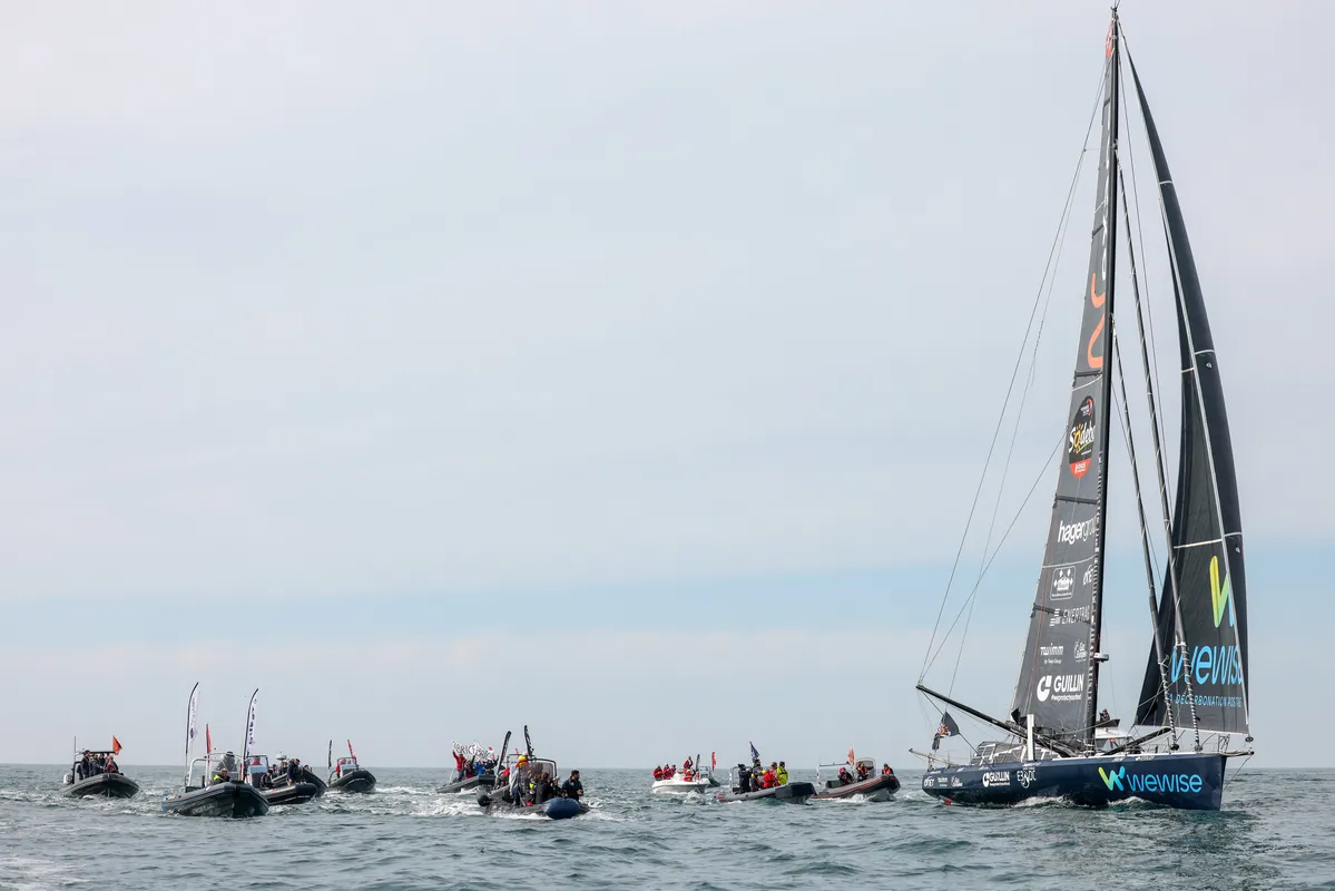 LES SABLES D’OLONNE, FRANCE - MARCH 04, 2025 : Nexans - Wewise skipper Fabrice Amedeo (FRA) is photographed taking 32nd place in the Vendee Globe, on March 04, 2025 in Les Sables d'Olonne, France - (Photo by Jean-Marie Liot / Alea)