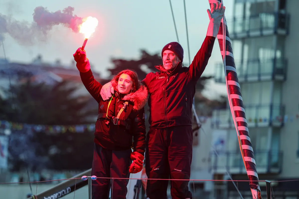 LES SABLES D'OLONNE, FRANCE - 04 MARS 2025 : Nexans - Fabrice Amedeo (FRA), skipper de Wewise, fête avec sa fille sa 32ème place dans le Vendée Globe, le 04 mars 2025 aux Sables d'Olonne, France - (Photo by Jean-Marie Liot / Alea)