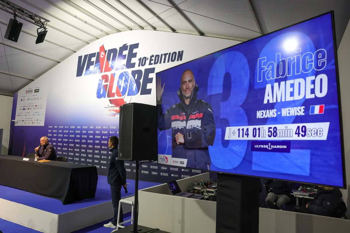LES SABLES D’OLONNE, FRANCE - MARCH 04, 2025 : Nexans - Wewise skipper Fabrice Amedeo (FRA) is photographed during his press conference after taking 32nd place in the Vendee Globe, on March 04, 2025 in Les Sables d'Olonne, France - (Photo by Jean-Marie Liot / Alea)