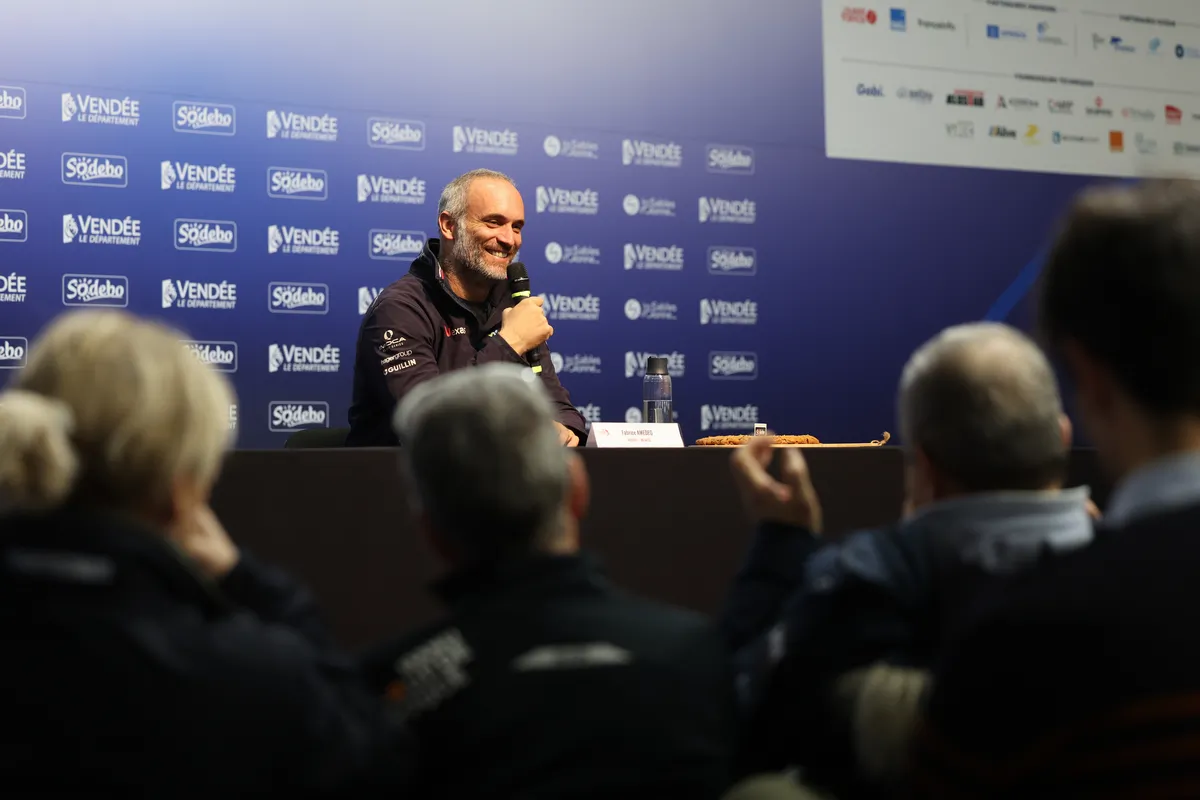 LES SABLES D’OLONNE, FRANCE - MARCH 04, 2025 : Nexans - Wewise skipper Fabrice Amedeo (FRA) is photographed during his press conference after taking 32nd place in the Vendee Globe, on March 04, 2025 in Les Sables d'Olonne, France - (Photo by Jean-Marie Liot / Alea)