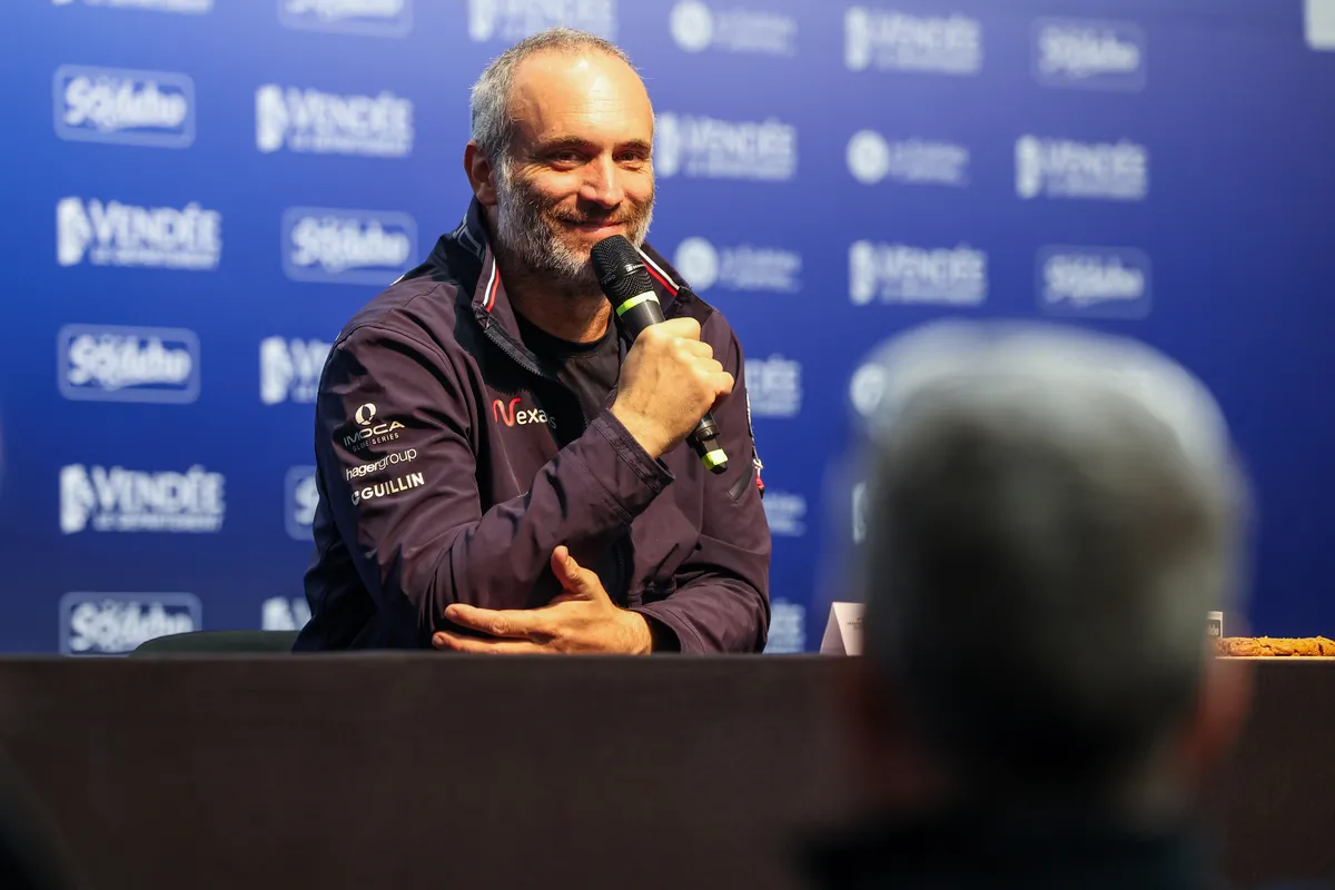 LES SABLES D’OLONNE, FRANCE - MARCH 04, 2025 : Nexans - Wewise skipper Fabrice Amedeo (FRA) is photographed during his press conference after taking 32nd place in the Vendee Globe, on March 04, 2025 in Les Sables d'Olonne, France - (Photo by Jean-Marie Liot / Alea)