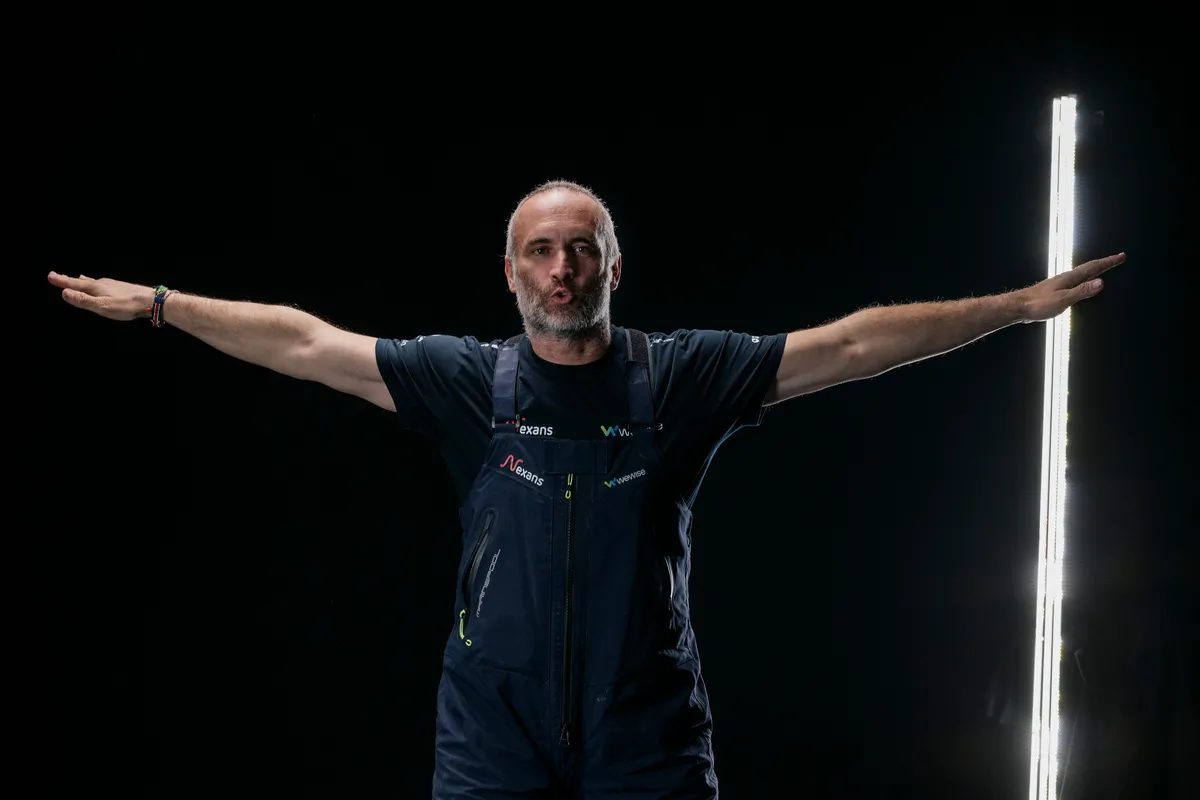 LES SABLES D'OLONNE, FRANCE - MARCH 04, 2025 : Nexans - Wewise skipper Fabrice Amedeo (FRA) is photographed in studio after taking 32nd place in the Vendee Globe, on March 04, 2025 in Les Sables d'Olonne, France - (Photo by Jean-Marie Liot / Alea)