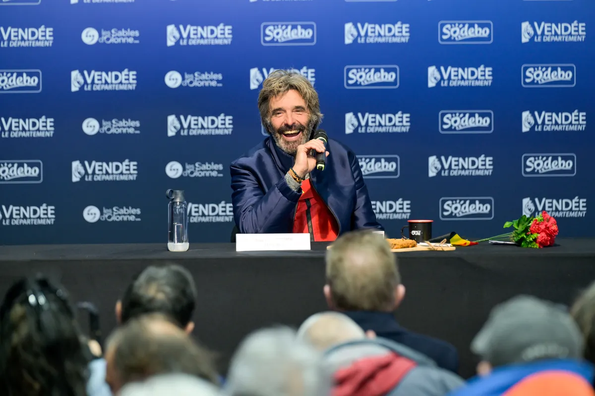 LES SABLES D’OLONNE, FRANCE - MARCH 08, 2025 : D’Ieteren Group skipper Denis Van Weynbergh (BEL) is photographed during his press conference after taking last place in the Vendee Globe, 1 day after the finish line had been closed sport-wise, hence not being classified, on March 08, 2025 in Les Sables d'Olonne, France - (Photo by Olivier Blanchet / Alea)