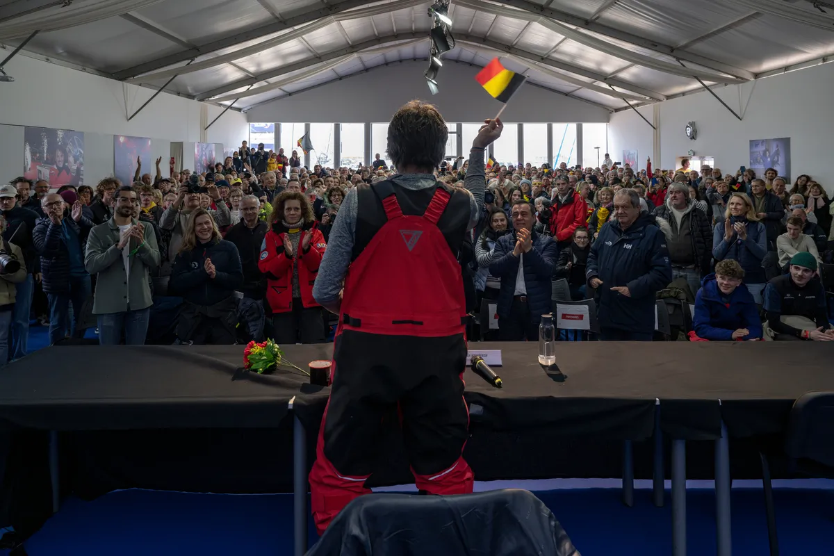 LES SABLES D’OLONNE, FRANCE - MARCH 08, 2025 : D’Ieteren Group skipper Denis Van Weynbergh (BEL) is photographed during his press conference after taking last place in the Vendee Globe, 1 day after the finish line had been closed sport-wise, hence not being classified, on March 08, 2025 in Les Sables d'Olonne, France - (Photo by Olivier Blanchet / Alea)