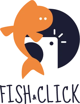 Fish & Click logo: an orange fish curled around a smartphone taking a photo, above the project name.
