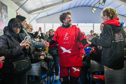 LES SABLES D'OLONNE, FRANCE - 14 FEVRIER 2025 : Le skipper de HUMAN Immobilier Antoine Cornic (FRA) est photographié lors de sa conférence de presse après avoir pris la 28e place du Vendée Globe, le 14 février 2025 aux Sables d'Olonne, France - (Photo by Jean-Louis Carli / Alea)