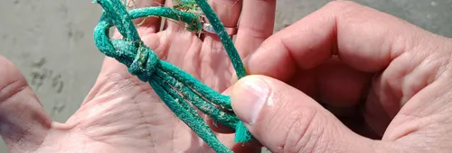 Main tenant un cordage de pêche vert, noué et effiloché, couvert de sable, trouvé sur une plage.