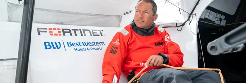 LORIENT, FRANCE - JULY 15, 2024 : Fortinet - Best Western skipper Romain Attanasio (FRA) is pictured during training, on July 15, 2024 in Lorient, France. (Photo by Adrien Nivet / polaRYSE)