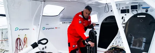 LORIENT, FRANCE - APRIL 16, 2024 : Prysmian skipper Giancarlo Pedote (ITA) is pictured on April 16, 2024, off Lorient, France - Photo by Adrien Nivet / polaRYSE
