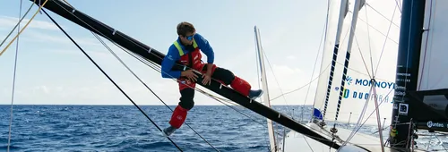 LORIENT, FRANCE - 12 SEPTEMBRE 2024 : Monnoyeur - Duo for a Job le skipper Benjamin Ferré (FRA) est photographié le 12 septembre 2024 au large de Lorient, France - Photo par Lou-Kevin Roquais