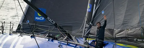 PENMARCH, FRANCE - JANUARY 13, 2025 : MACIF Santé Prévoyance skipper Charlie Dalin (FRA) is photographed during his last run of the Vendee Globe, on January 13, 2025 off Penmarc’h, France - (Photo by Olivier Blanchet / Alea)