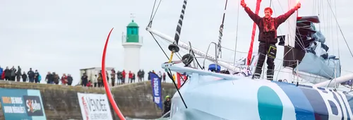 LES SABLES D'OLONNE, FRANCE - JANUARY 24, 2025 : Biotherm skipper Paul Meilhat (FRA) is photographed in the channel after taking 5th place in the Vendee Globe, on January 24, 2025 in Les Sables d'Olonne, France - (Photo by Lloyd Images / Alea)