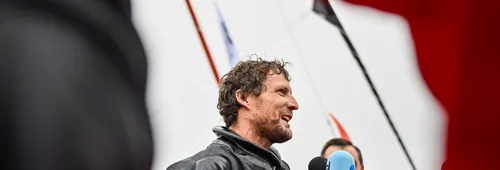 LES SABLES D'OLONNE, FRANCE - JANUARY 24, 2025 : Biotherm skipper Paul Meilhat (FRA) is photographed after taking 5th place in the Vendee Globe, on January 24, 2025 in Les Sables d'Olonne, France - (Photo by Jean-Louis Carli / Alea)
