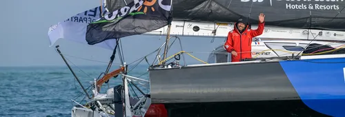 LES SABLES D’OLONNE, FRANCE - FEBRUARY 02, 2025 : Fortinet - Best Western skipper Romain Attanasio (FRA) is photographed after taking 14th place in the Vendee Globe, on February 02, 2025 in Les Sables d'Olonne, France - (Photo by Olivier Blanchet / Alea)