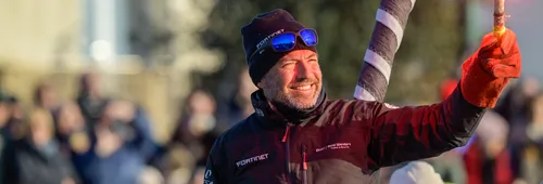 LES SABLES D’OLONNE, FRANCE - FEBRUARY 02, 2025 : Fortinet - Best Western skipper Romain Attanasio (FRA) is celebrating after taking 14th place in the Vendee Globe, on February 02, 2025 in Les Sables d'Olonne, France - (Photo by Olivier Blanchet / Alea)