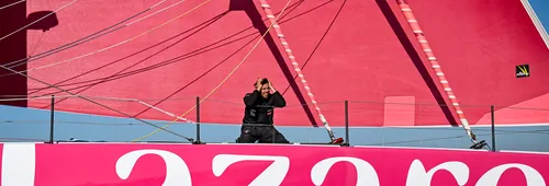 LES SABLES D’OLONNE, FRANCE - FEBRUARY 03, 2025 : Lazare skipper Tanguy Le Turquais (FRA) is photographed after taking 17th place in the Vendee Globe, on February 03, 2025 in Les Sables d'Olonne, France - (Photo by Jean-Louis Carli / Alea)