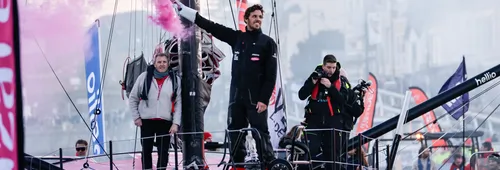 LES SABLES D’OLONNE, FRANCE - FEBRUARY 03, 2025 : Lazare skipper Tanguy Le Turquais (FRA) is photographed in the channel after taking 17th place in the Vendee Globe, on February 03, 2025 in Les Sables d'Olonne, France - (Photo by Anne Beauge / Alea)