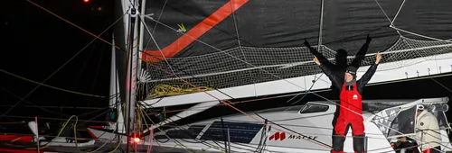 LES SABLES D'OLONNE, FRANCE - 04 FEVRIER 2025 : Isabelle Joschke (GER-FRA), skipper de MACSF, fête sa 19ème place dans le Vendée Globe, le 04 février 2025 aux Sables d'Olonne, France - (Photo by Jean-Louis Carli / Alea)