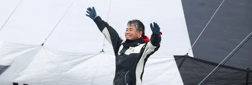 LES SABLES D'OLONNE, FRANCE - 09 FEVRIER 2025 : Le skipper de DMG MORI Global One Kojiro Shiraishi (JAP) est photographié après avoir pris la 24e place du Vendée Globe, le 09 février 2025 aux Sables d'Olonne, France - (Photo by Jean-Marie Liot / Alea)