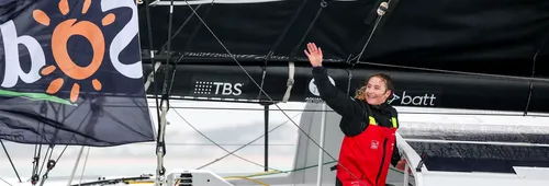 LES SABLES D’OLONNE, FRANCE - FEBRUARY 09, 2025 : DeVenir skipper Violette Dorange (FRA) is photographed after taking 25th place in the Vendee Globe, on February 09, 2025 in Les Sables d'Olonne, France - (Photo by Jean-Marie Liot / Alea)