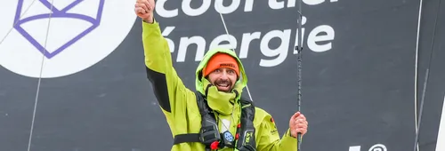 LES SABLES D’OLONNE, FRANCE - FEBRUARY 09, 2025 : FOUSSIER skipper Sébastien Marsset (FRA) is photographed after taking 27th place in the Vendee Globe, on February 09, 2025 in Les Sables d'Olonne, France - (Photo by Jean-Marie Liot / Alea)