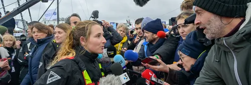 LES SABLES D’OLONNE, FRANCE - FEBRUARY 09, 2025 : DeVenir skipper Violette Dorange (FRA) is being interviewed by media after taking 25th place in the Vendee Globe, on February 09, 2025 in Les Sables d'Olonne, France - (Photo by Olivier Blanchet / Alea)