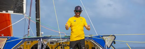 LE MARIN, MARTINIQUE - FEBRUARY 12, 2025 : La Mie Caline skipper Arnaud Boissières (FRA) is arriving in Le Marin, Martinique, under jury rigging after dismasting during the Vendee Globe sailing race, on February 12, 2025 in Les Sables d'Olonne, France - (Photo by Marc Marsillon / Vendée Globe)
