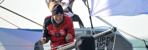 LES SABLES D’OLONNE, FRANCE - MARCH 01, 2025 : Coup de Pouce skipper Manuel Cousin (FRA) is photographe, taking 31st place in the Vendee Globe, on March 01, 2025 in Les Sables d'Olonne, France - (Photo by Olivier Blanchet / Alea)
