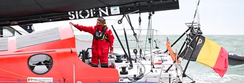 LES SABLES D’OLONNE, FRANCE - MARCH 08, 2025 : D’Ieteren Group skipper Denis Van Weynbergh (BEL) is photographed taking last place in the Vendee Globe, 1 day after the finish line had been closed sport-wise, hence not being classified, on March 08, 2025 in Les Sables d'Olonne, France - (Photo by Vincent Curutchet / Alea)